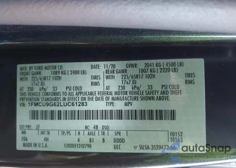 2020 Ford Escape Se из США, поврежденный, VIN 1FMCU9G62LUC61283